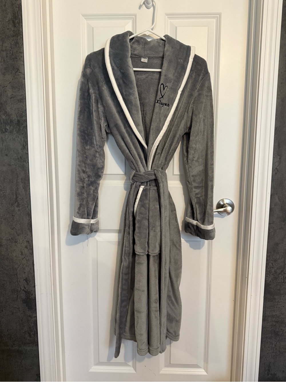 Embroidered Gray Plush Bath Robe with White Trim